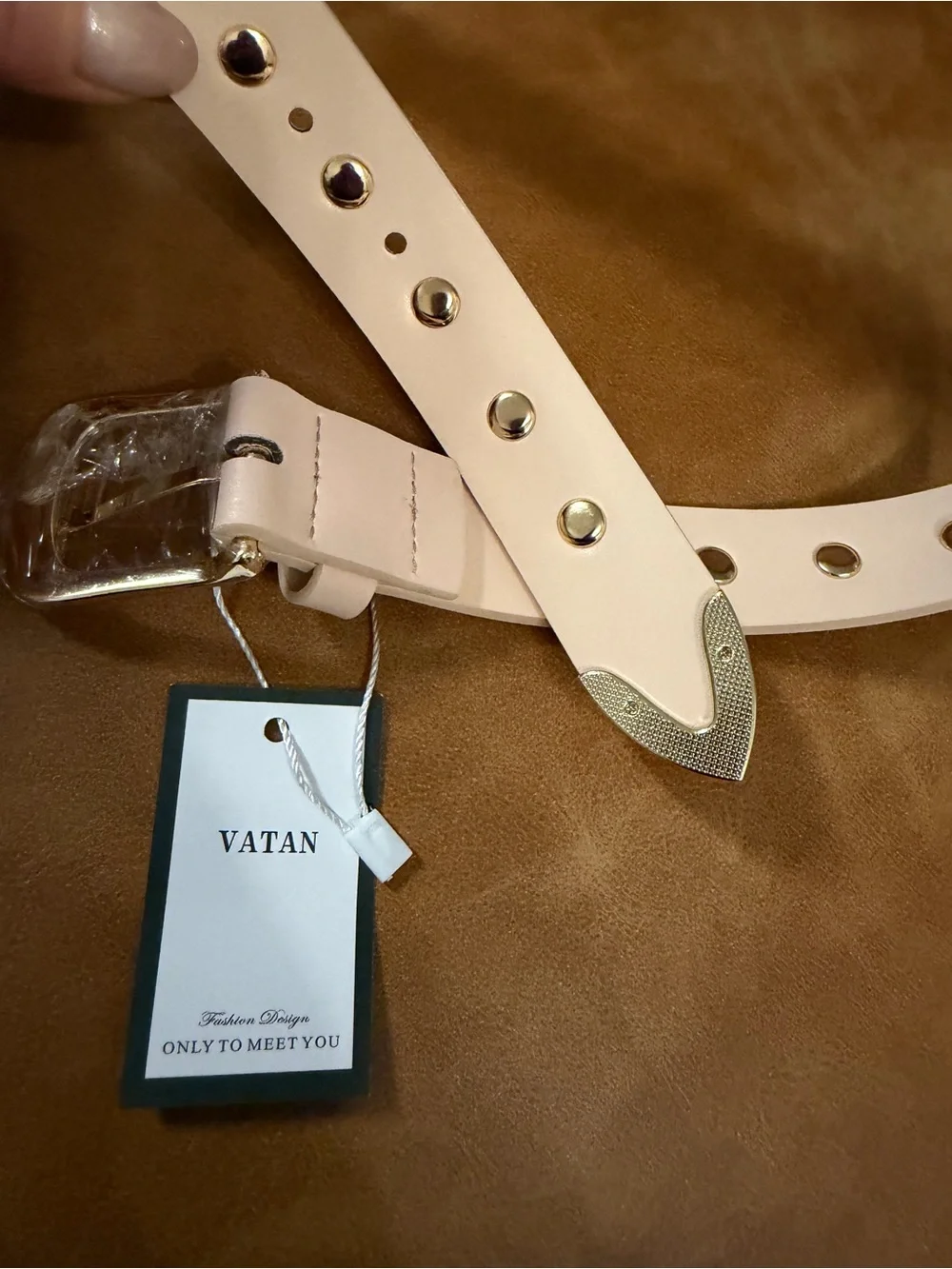 VATAN Eco Friendly Nude Studded Belt w/ Gold Hardware. Measurements in photos.